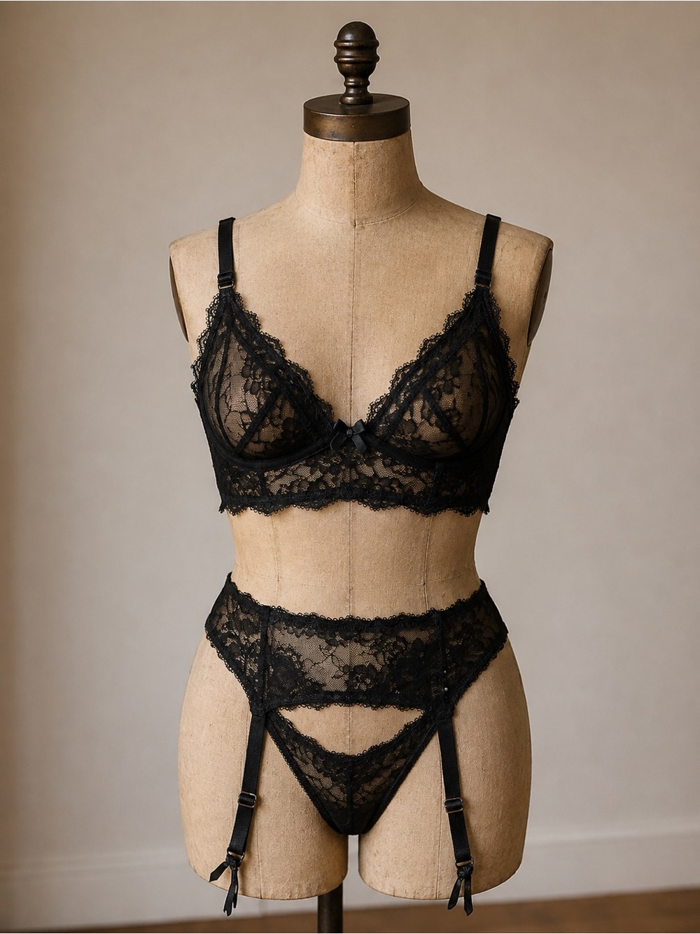 Pleasure State Black Lace Bralette & Lace Garter Band